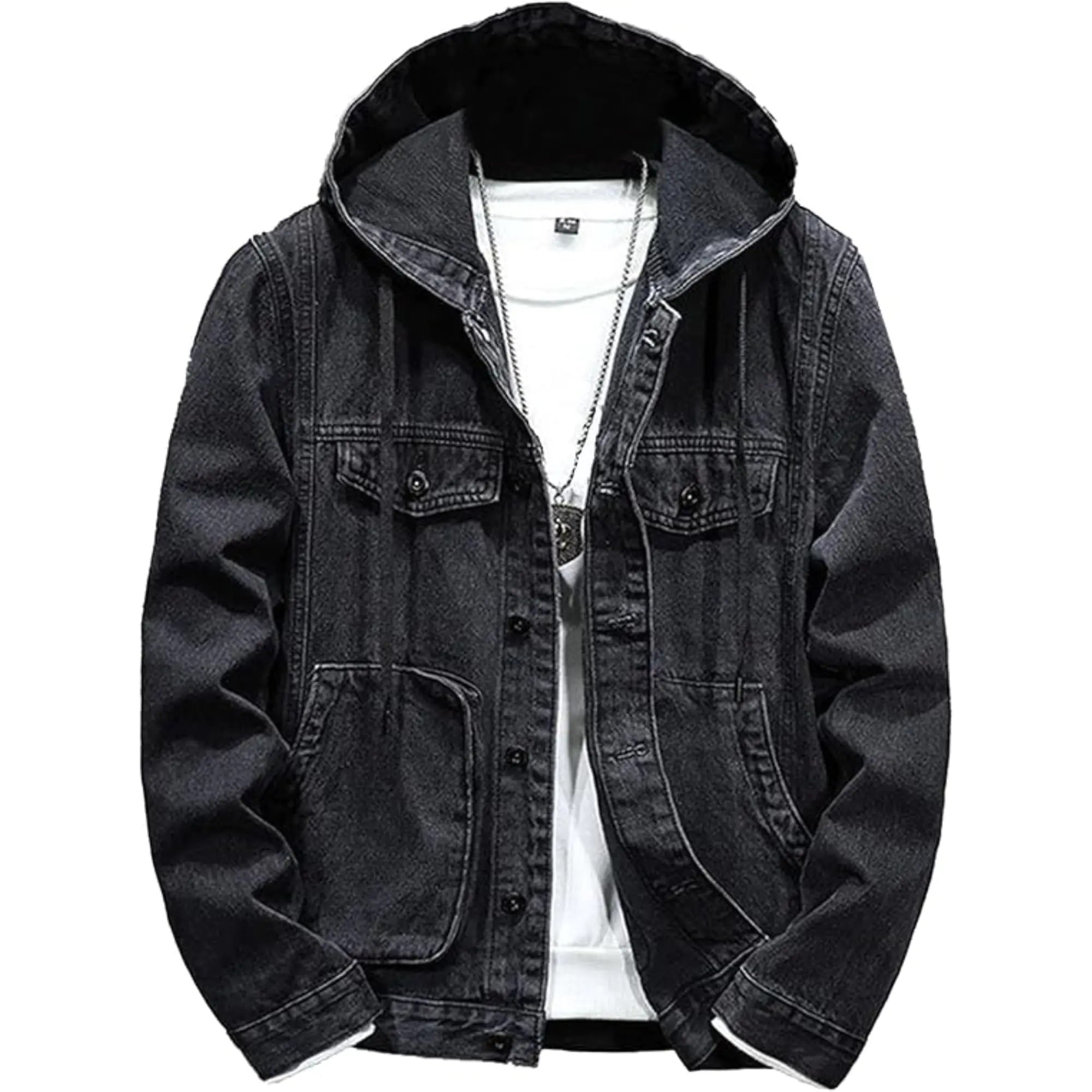 QOAAIE Men's Denim Hoodie Jacket – Casual Button-Down Trucker