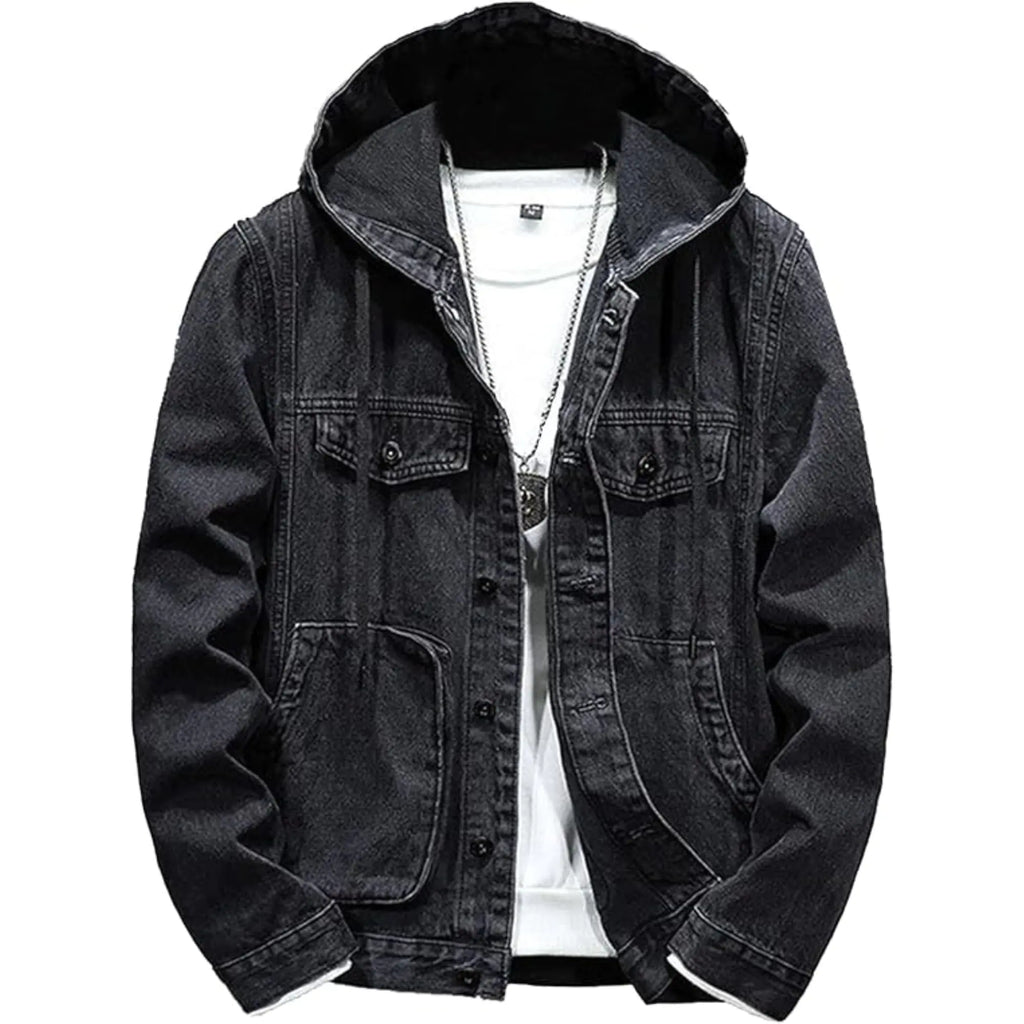 QOAAIE Men's Denim Hoodie Jacket – Casual Button-Down Trucker